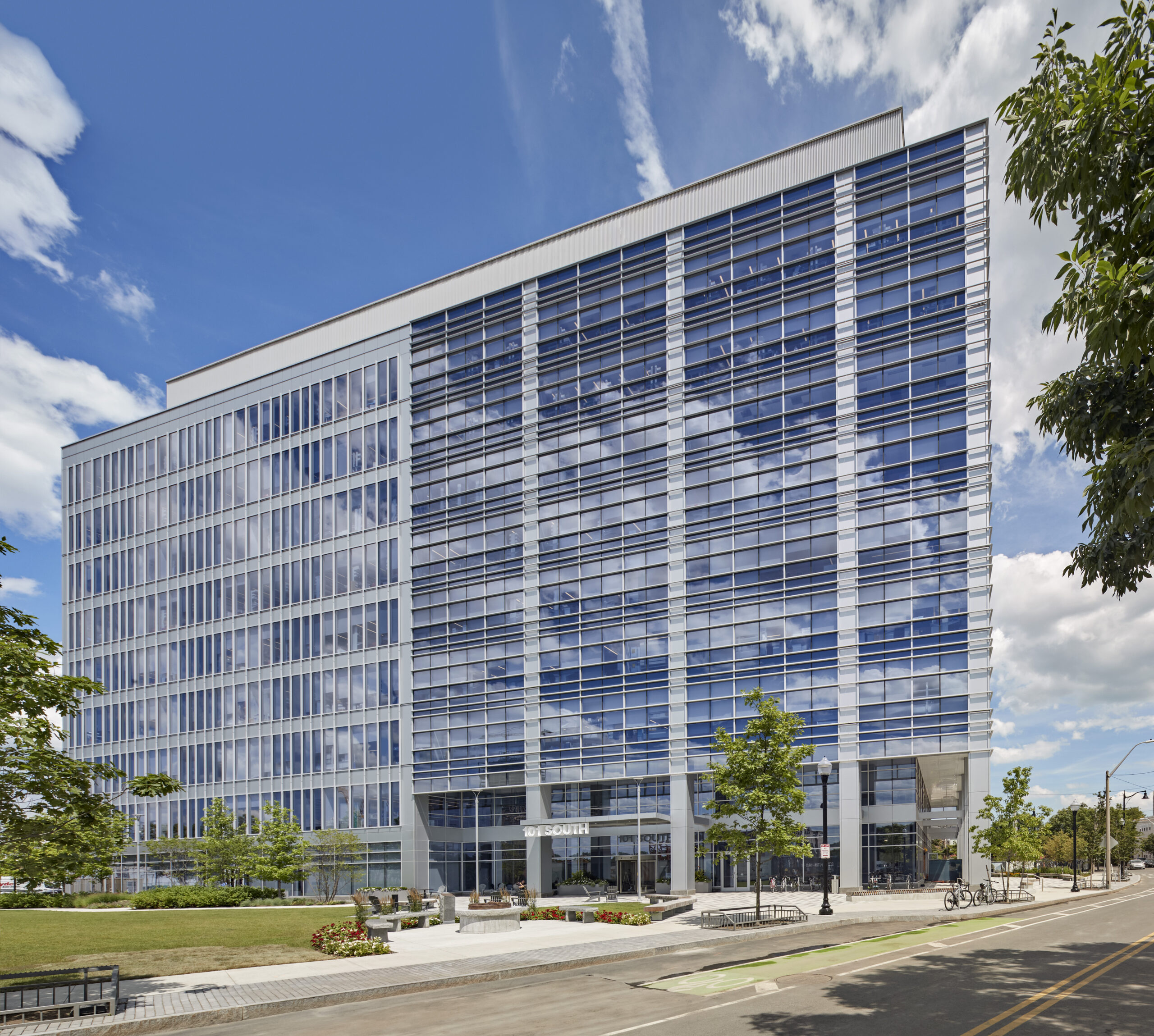 Innovative life sciences lab building with glass and metal façade that has earned LEED Accreditation
