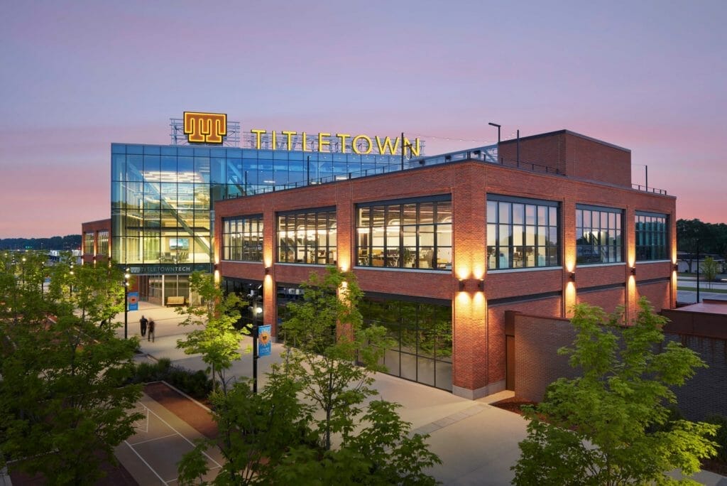 Modern innovation hub with a unique blend of glass and brick architecture
