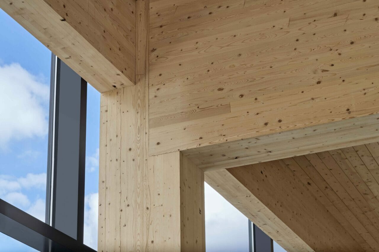 Architectural close up of mass timber joint in 90 Arboretum which is focused on sustainability through the use of CLT and IBC Building Codes