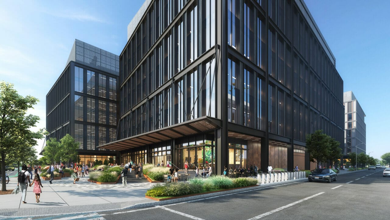 Commercial real estate development, this architectural rendering shows its public realm