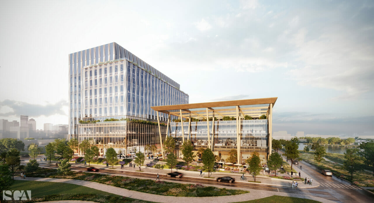 Exterior rendering of a sustainable life sciences development designed with mass timber and glass façade. This shows the structure's integration with the urban public realm.