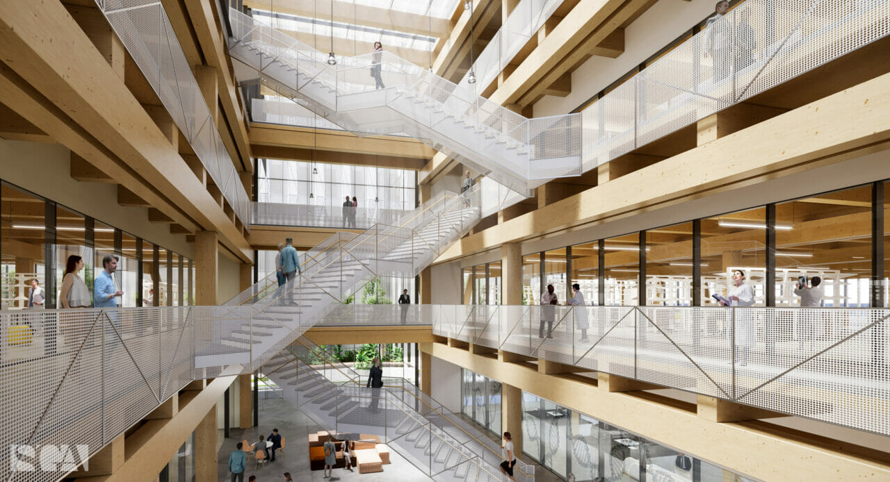 Interior rendering of a commercial atrium featuring the natural beauty and biophilic elements that are an additional benefit of sustainable mass timber